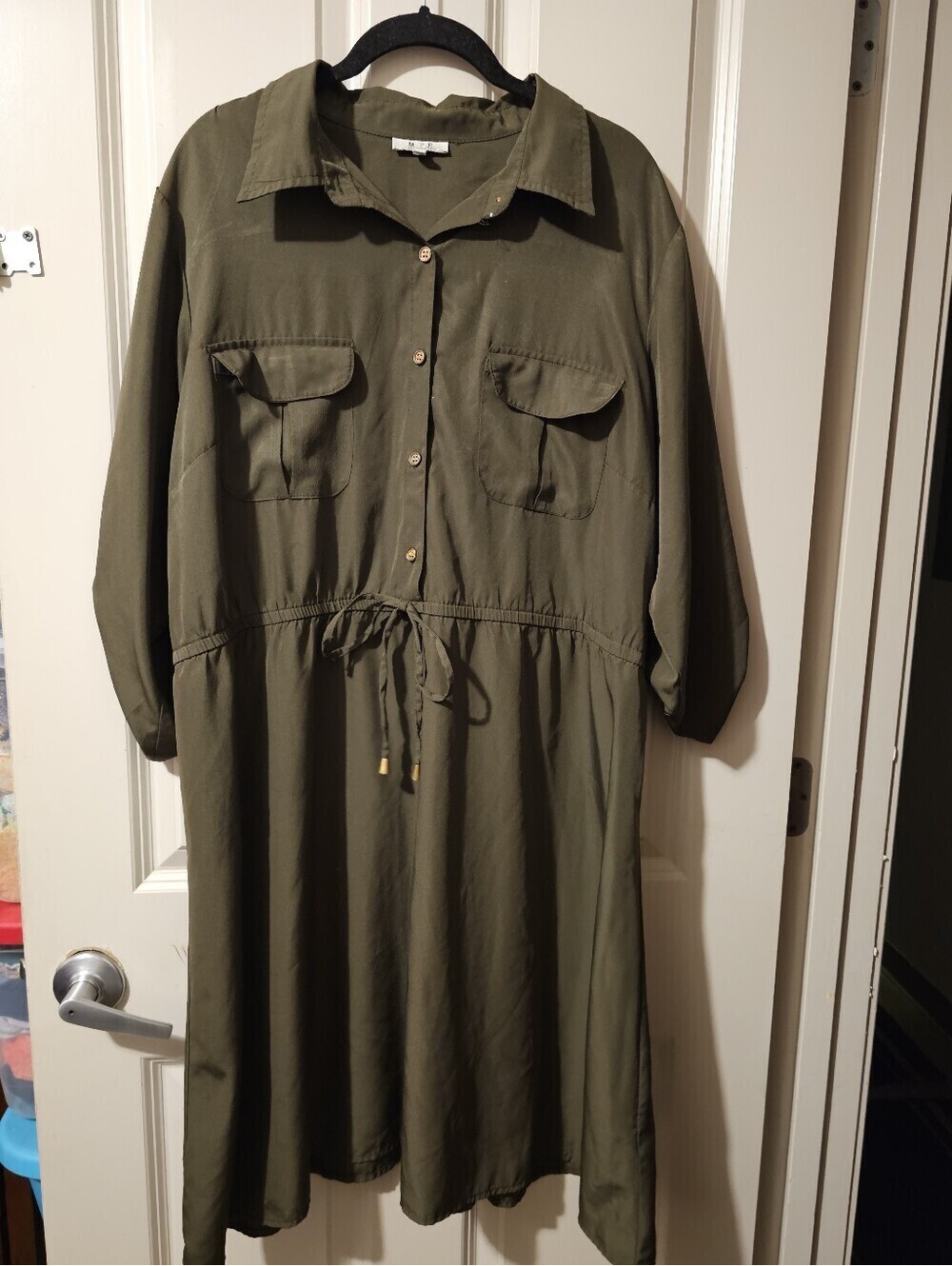 Olive Green Drawstring Shirt Midi Dress